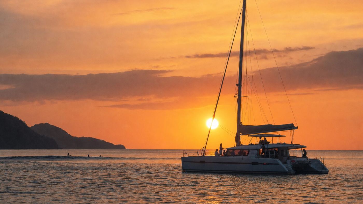 A catamaran anchored off Tamarindo, Costa Rica at sunset.